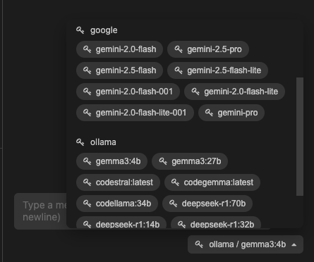Selection of available AI models including Gemini, OpenAI and Local options
