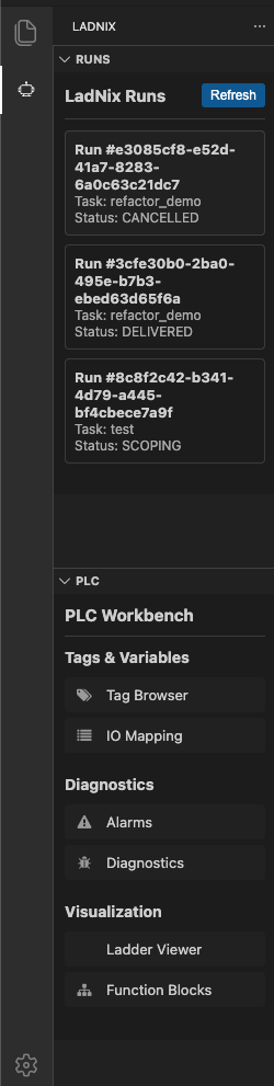 LadNix Runs and PLC Workflow automation dashboard